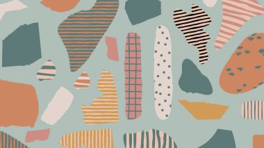 Sıcak tonlu soyut bir kolaj desenli, kağıt şekillerini dünyevi renklerle ve şakacı çizgilerle kesen. Dijital koleksiyon defteri ve el yapımı görseller için mükemmel..