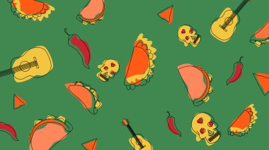 Takolar, şeker kafalar, biberler ve gitarlarla süslenmiş yeşil zemin, yiyeceklerin eğlenceli bir karışımını ve Ölüler Günü 'nü yansıtıyor..