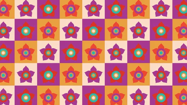 Ortasında beyaz çiçekler olan parlak kırmızı ve mor elmaslar simetrik ve kalın bir klasik görünüm oluşturuyor..