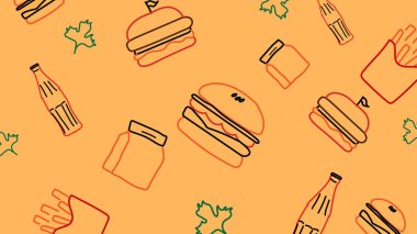 Burger, patates kızartması, sos şişesi, kavanoz ve bitki ikonlarıyla turuncu arka plan. Canlı ve lezzetli bir fast food. Menü ve abur cubur markası için görsel..