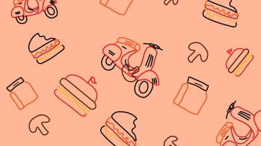 Hamburger, scooter, kavanoz ve mantarlı şeftali arkaplan. El yapımı fast food dağıtım teması. Restoran grafikleri ve markalaşma kullanımı için ideal.