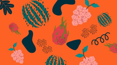 Ananas ve üzümler açık yeşil üzerinde canlı tonlarda meyvemsi bir kompozisyonda. Yaratıcı, enerjik ve sağlıklı görseller için oyuncu ve modern tropikal düzenleme. Tropik meyve.