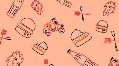 Hamburgerler, scooterlar, tavuk kafaları, çatallar ve soda şişeleriyle şeftali arkaplanı. İlginç ve yaratıcı bir yemek dağıtım temalı tasarım..