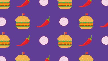 Çizburgerler, çıtır peynirli dilimler ve renkli pikselli ketçap bardakları eğlence için mavi ızgarada, cesur dijital mutfak tasarımı için..