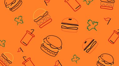 Çizgili hamburgerler, soda bardakları ve kalın çizgili yaprak ikonlarıyla turuncu arka plan. Fast food reklamları, abur cubur paketleri ve restoran görselleri için ideal..