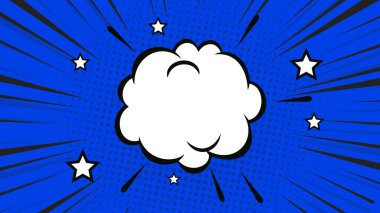 Çizgi roman tarzında parlak mavi arkaplan, merkezi bulut şekli, beyaz yıldızlar, yarım ton noktalar ve çizgi roman patlamaları. Pop ve süper kahraman grafikleri için mükemmel..