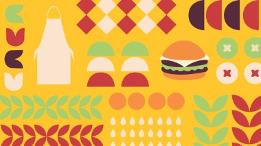 Sarı bir zemin üzerinde, hamburgerler, önlükler, sebzeler ve yemek malzemeleri, fast food veya yemek temalı tasarımlar için ideal..