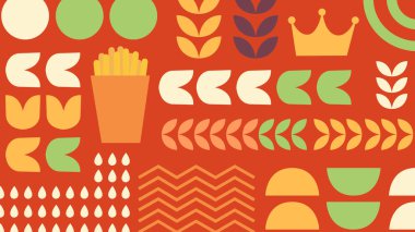 Sarı arkaplanda cam, dama tahtası ve hamburger simgesi. Geçmişe dönük fast food temalarından esinlenerek cesur görsel elementler..