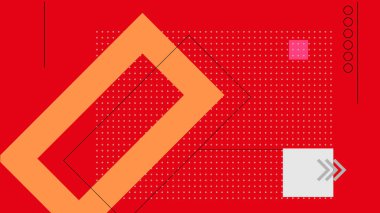 Turuncu çizgili dikdörtgenlerle kalın kırmızı zemin, noktalı matris, oklar ve teknolojiden esinlenilmiş kompozisyonlar için tasarlanmış minimum arayüz elementleri..