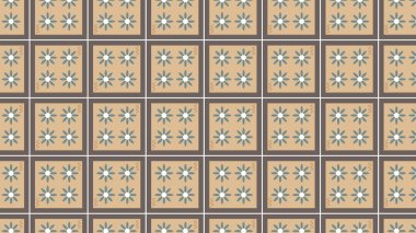 Turuncu ve mavi kare çiçekli fayanslar dekoratif kullanım için uyumlu bir geçmişe dönük arkaplan oluşturur.