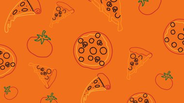 Eğlenceli pizza dilimleri ve domatesler kalın turuncu bir zemin üzerinde eğlenceli bir yemek temalı tasarım yaratıyor pizzacılar ve atıştırmalık görseller için ideal..