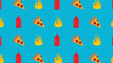 Parlak pikselli pizza dilimleri, tabaklar ve şefin şapkaları canlı kırmızı arka planda. Dijital mutfaklar, yemek blogları ve çevrimiçi menü tasarımı için mükemmel bir görsel.