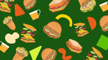 Sandviçler, hamburgerler, ambalajlar ve atıştırmalık öğeler ile yeşil yemek geçmişi. Kalın ve aromalı resimli sahne.