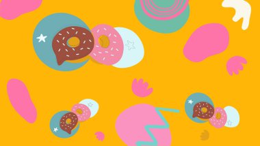 Somunlar, krakerler, buğday ikonları ve aşçı şapkaları ile sıcak tonlu arkaplan. Kahverengi kareli bir yüzeye düzgün yerleştirilmiş mutfak veya fırın görselleri..