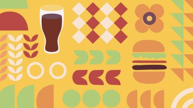 Düz patates kızartması kutusu, sebze çemberleri, ve canlı turuncu arka planda taçlı stilize yapraklar, oyuncu ve yemek temalı..