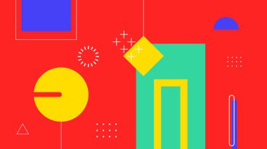 Kırmızı zemin üzerinde cesur daireleri, kareleri ve grafik şekilleri olan oyuncu bir dijital sanat. Modern yaratıcı markalaşma için ideal.