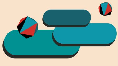 Üç boyutlu küreler ve yuvarlak çubuklar bej bir zeminde dinamik bir şekilde dizilmiş mavi ve kırmızı tonlarda. Kalın ve modern dijital kompozisyon.