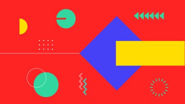 Çemberler, çizgiler, oklar ve kırmızı üzerine canlı tonlarda kareler şeklinde neşeli bir düzenleme. Hareket ve yaratıcı altyapılar için ideal.