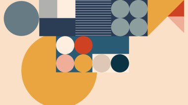 Renkli soyut geometrik düzende üçgenler, daireler ve koyu deniz mavisi tabanlı çizgiler var. Bauhaus 'un minimal tasarımından esinlenilmiştir.