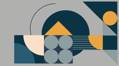 Çağdaş soyut düzen, dikey çizgiler, daireler, bloklar ve kalın renk zıtlıkları ile yumuşak, sessiz, gri bir arkaplanda. Modernist stil.