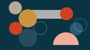 Bej üzerine hardal, kırmızı ve donanma tonlarında dikdörtgen, daireler ve yarım şekilli yaratıcı soyut tasarım. Dengelenmiş görsel bileşim.