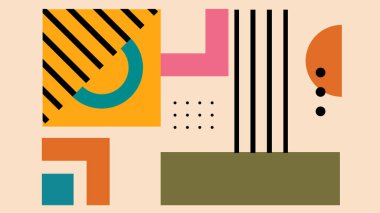 Daireler, kareler ve yeşil çizgiler, pembe, sarı ve siyah çizgiler gibi koyu geometrik formlara sahip yaratıcı modern sanat eserleri ışık nötr tabanda.