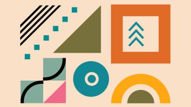 Üst üste binen üçgenler, daireler, çizgiler ve parlak turuncu, mavi, siyah ve mor noktalı elementler içeren oyuncu soyut tasarım..