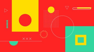 Kırmızı zemin üzerinde sarı ve yeşil tonlarda temel geometrik formların temiz bileşimi. Dijital tasarım ve yaratıcı düzenler için harika.
