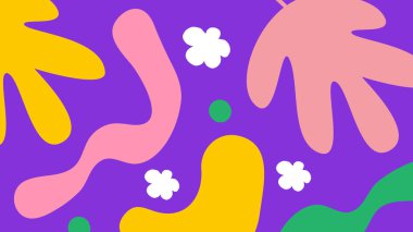 Elle çizilmiş şekiller, yapraklar ve parlak renklerde karalamalar içeren tuhaf soyut tasarım. Yaratıcı ve genç tasarımlar için ideal..