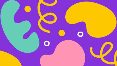 Renkli lekeler ve canlı mor bir arkaplanda neşeli şekiller içeren yaratıcı soyut sanat eserleri. Markalaşma ve görsel projeler için ideal.