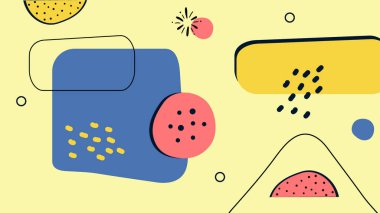 Yumuşak sarı arkaplanda cesur karalamaların ve soyut şekillerin yaratıcı kompozisyonu. Dinamik formlarla etkileyici ve eğlenceli tasarım ve sanatsal projeler için canlı renk karşıtlıkları.