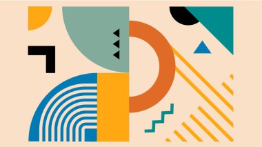 Kalın eğri elementler, çizgiler, noktalar ve bej bir arkaplanda canlı renklerde üçgenler içeren çağdaş soyut düzen.