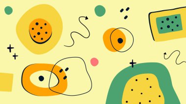 Renkli el çizimleri, anlamlı çizgiler ve açık sarı arkaplan üzerinde canlı şekiller olan eğlenceli ve modern bir soyut illüstrasyon. Gençlik tasarım projeleri için ideal.