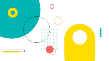 Daireler, noktalar ve parlak renkli çizgiler gibi çeşitli geometrik elementlere sahip canlı ve soyut bir arkaplan. Modern, dinamik ve modaya uygun kompozisyon dijital ve baskı tasarımları için mükemmel.