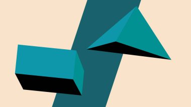 Geometrik mavi küboid ve piramit formları bej arkaplanda çapraz bir çizgi üzerinde yüzerler. Temiz, modern 3 boyutlu görsel düzen.