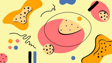 Elle çizilmiş organik şekiller, karalamalar, yeşil, sarı ve siyah renkli şakacı karalamalar içeren neşeli soyut bir arka plan..