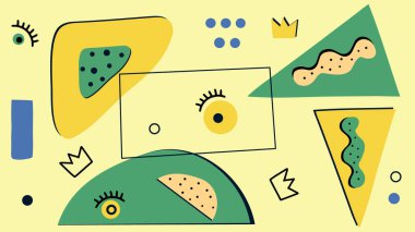 Yaratıcı kullanım için soluk sarı bir arka planda soyut mavi kareler ve pembe çizgiler ve dağınık noktalar..