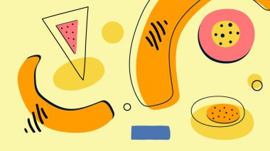 Garip karalamalar, el çizimi eğriler ve kalın tonlarda geometrik şekiller içeren canlı ve soyut bir tasarım. Sanatsal kompozisyonlar ve modern görsel tasarım için harika..