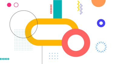 Beyaz arka planda geometrik şekiller, daireler ve dinamik elementlerle renkli soyut kompozisyon. Modern ve sanatsal düzen, yaratıcı ve şık tasarım projeleri için mükemmel..