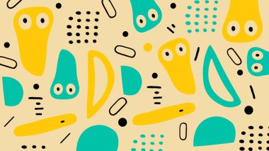 Tuhaf soyut sanat, noktalı gözler, eğlenceli şekiller, ve bej üzerinde canlı sarı. Çocuk içeriği için mükemmel.