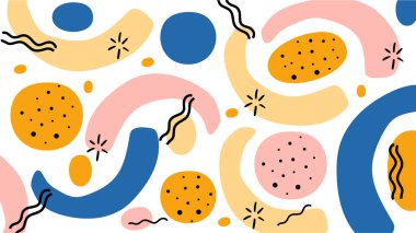 Pastel pembe, turuncu ve mavi renkli siyah oklar ve noktalı detaylar içeren dalgalı soyut şekiller. Beyaz üste yaratıcı ve dinamik bileşim.