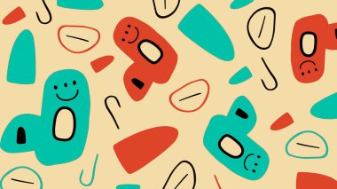 Yüze benzeyen oyuncu formlar ve bej arka planda canlı renkler. Çocuklar için eğlenceli ve yaratıcı medya ve tuhaf görseller.