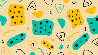 Elle çizilmiş düzensiz şekiller kalın renkler ve yumuşak bej arkaplanda noktalar. Oyuncu tasarım için mükemmel..