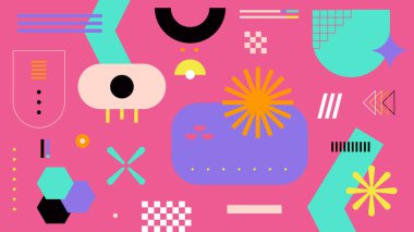 Modern elementlerin soyut renkli geometrik şekli kapak tasarımı, şablon tasarımı, reklamcılık, baskı için kullanılır. Memphis tasarımı. Minimum kapak şablonu tasarımı. Eğitim içeriği.