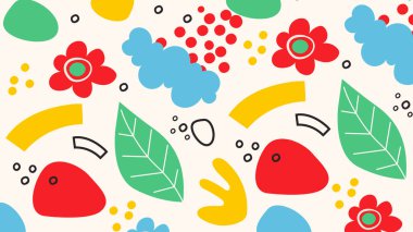 Çiçekler, yapraklar ve kırmızı, sarı ve yeşil renkli şakacı şekilli parlak soyut tasarım. Çocuk grafikleri ve doğa temaları için ideal.