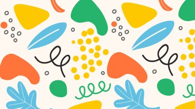 Parlak şekilli ve karalamalı eğlenceli soyut kompozisyon. Oyuncu markalaşma, web tasarımı ve çağdaş arka planlar için harika..