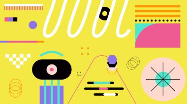 Canlı renklere, sanatsal unsurlara ve fütüristik arkaplana sahip dinamik soyut geometrik çizimler. Dijital tasarımlar, modern arka planlar, grafik şablonlar ve eşsiz yaratıcı görüntüler için mükemmel.