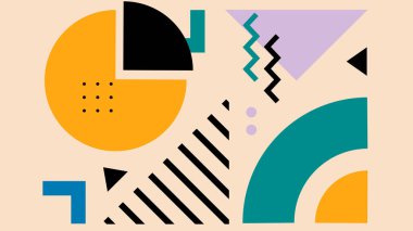 Geometrik şekiller, yay, zigzag çizgileri ve turuncu, yeşil, siyah ve eflatun renkli dinamik açılarla modern soyut kompozisyon.