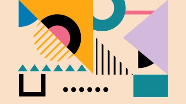 Grafik yarı daireler, çizgiler ve soluk yeşil, pembe, lavanta ve turuncu tonlarda koyu üçgenler içeren soyut sanat eserleri..