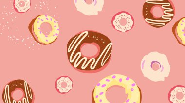 Yumuşak pastel arka planda çikolatalı, vanilyalı ve pembe kremalı lezzetli donutlar. Tatlı ve lezzetli tatlı çizimleri fırın temalı tasarım ve baskılar için mükemmeldir..